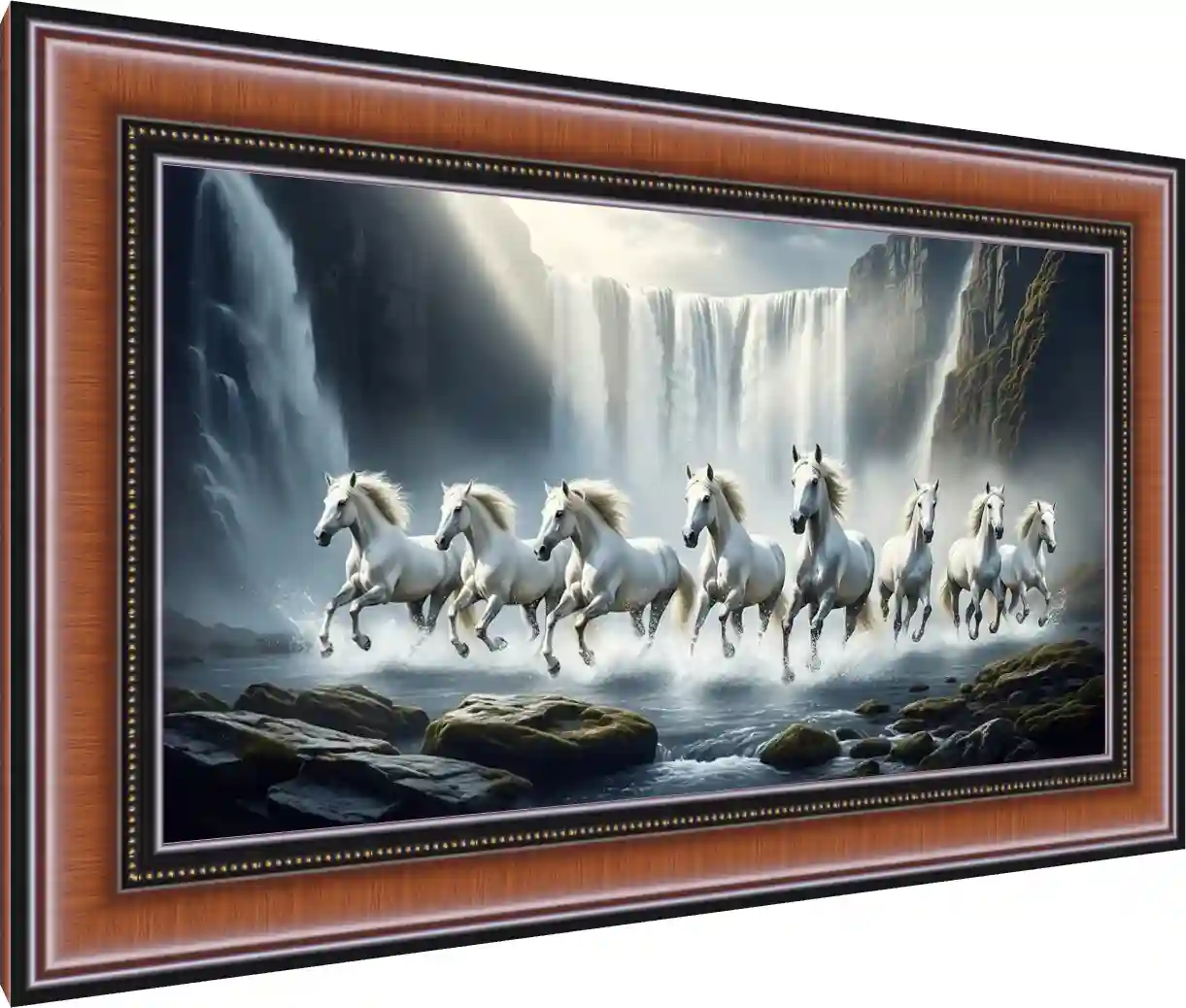 Seven White Horses Galloping Through Waterfall — photo frame preview | PrintPosters.in